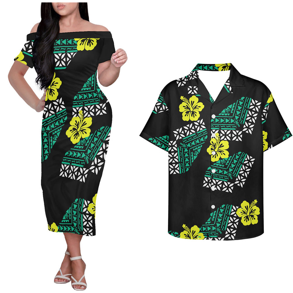 Polynesian Tribal Island Hibiscus Flowers Pattern Black Couple Outfits Tropical Half Style Hung Short Sleeved Dress And Hawaiian Shirt Couple Set