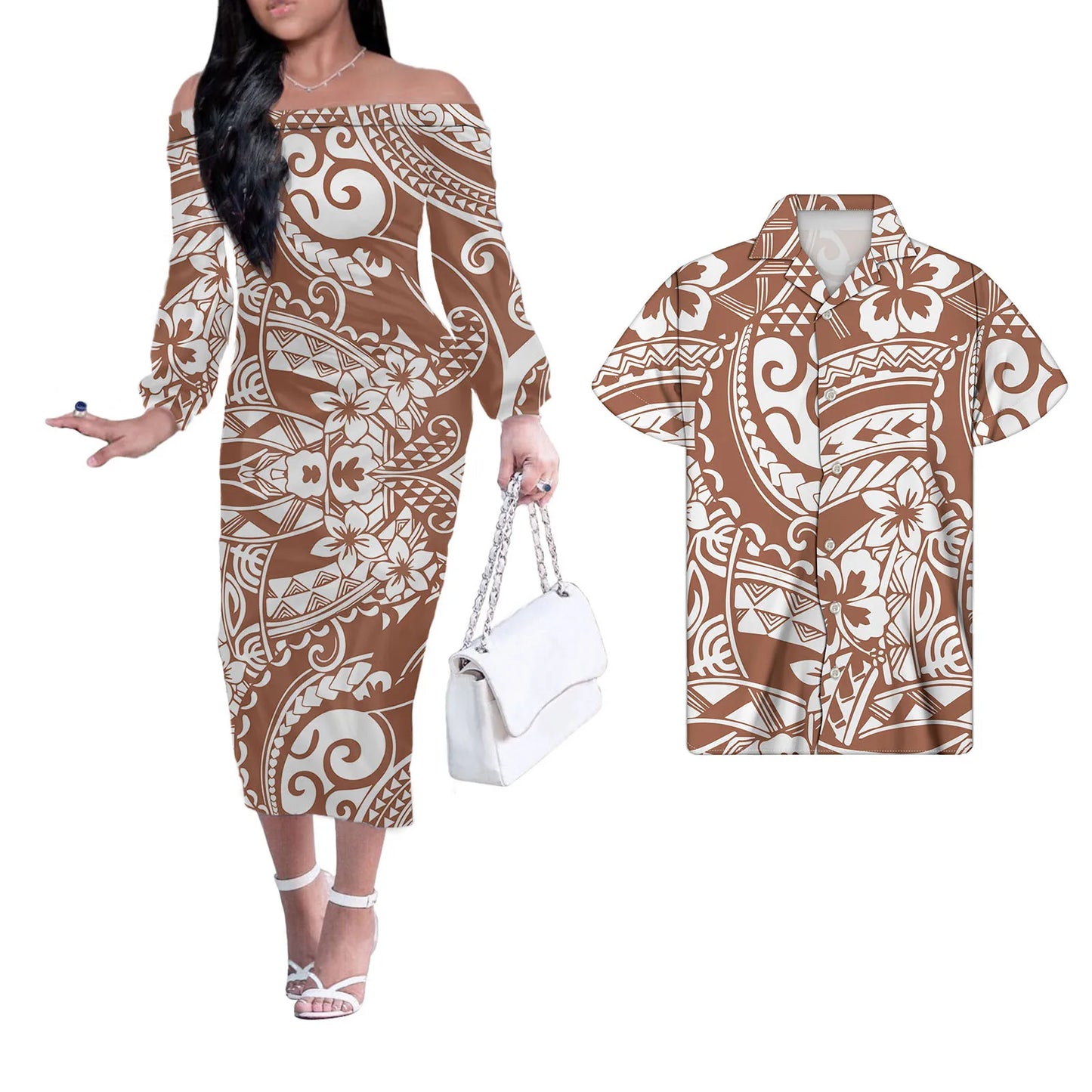 Polynesian Tribal Flower Pattern Matching Couple Outfit Men Shirts and Brown Dress Off Shoulder Long Dresses for Women