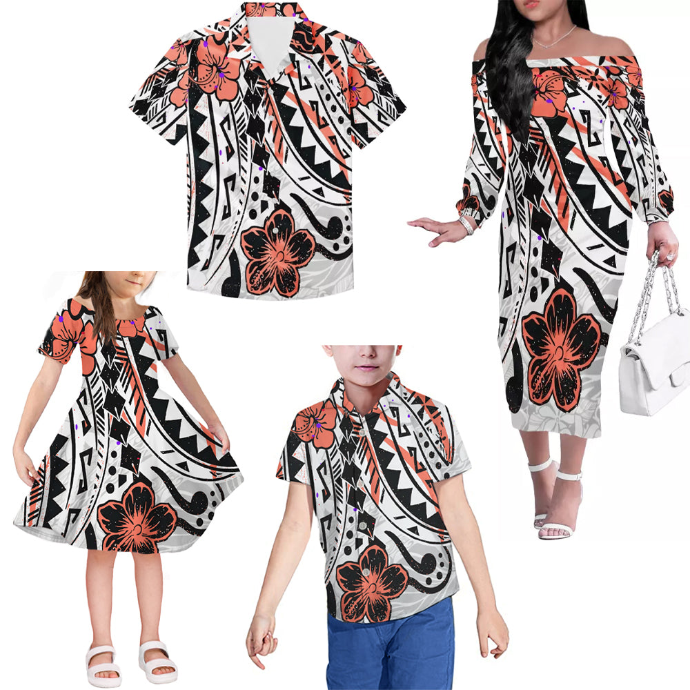 Orange Polynesian Tribal Flowers Pattern Matching Outfit For Family Island Dress Hawaiian Shirt For Her Him Family Members