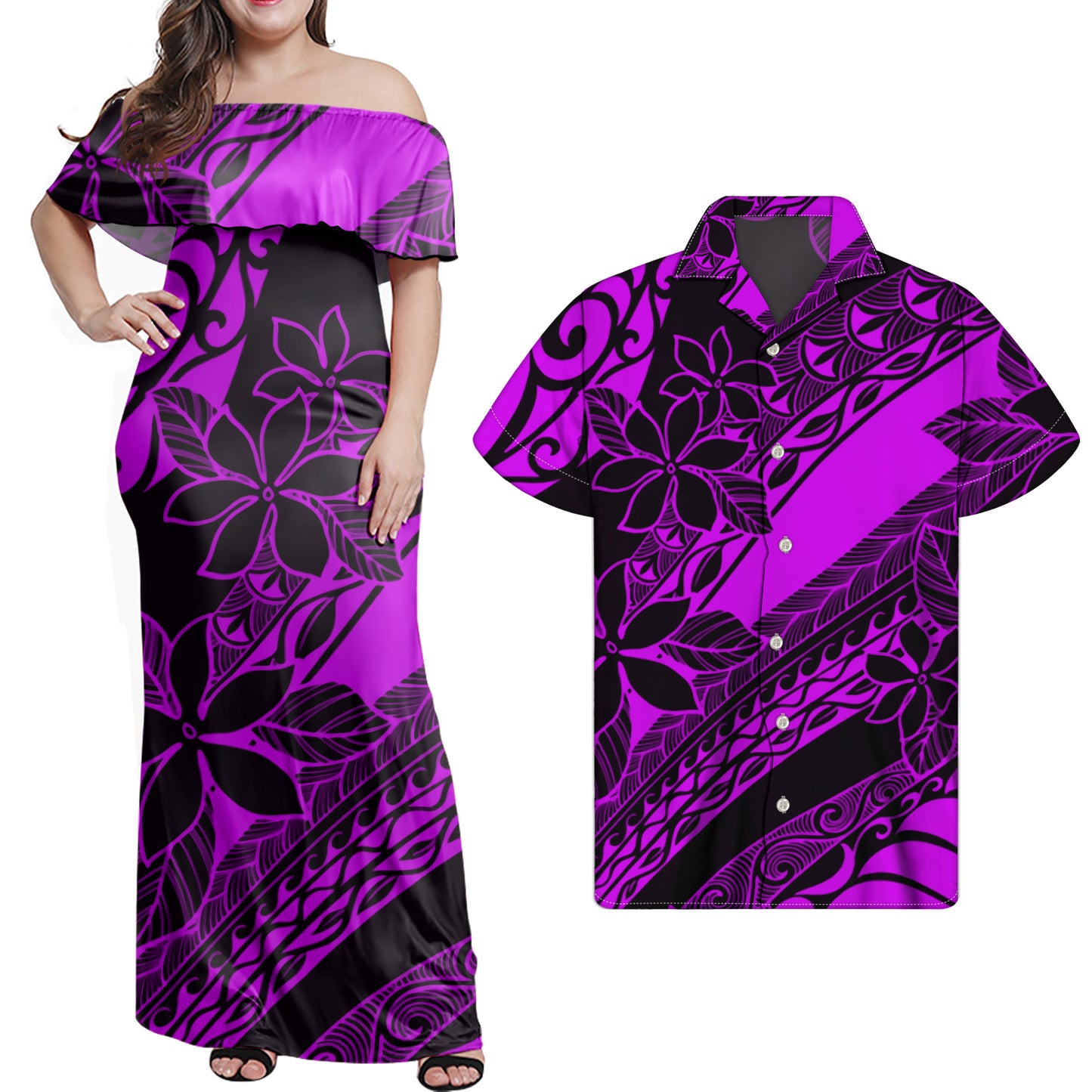 Polynesian Flowers Pattern Purple Matching Outfit Combo Dress and Hawaiian Shirt