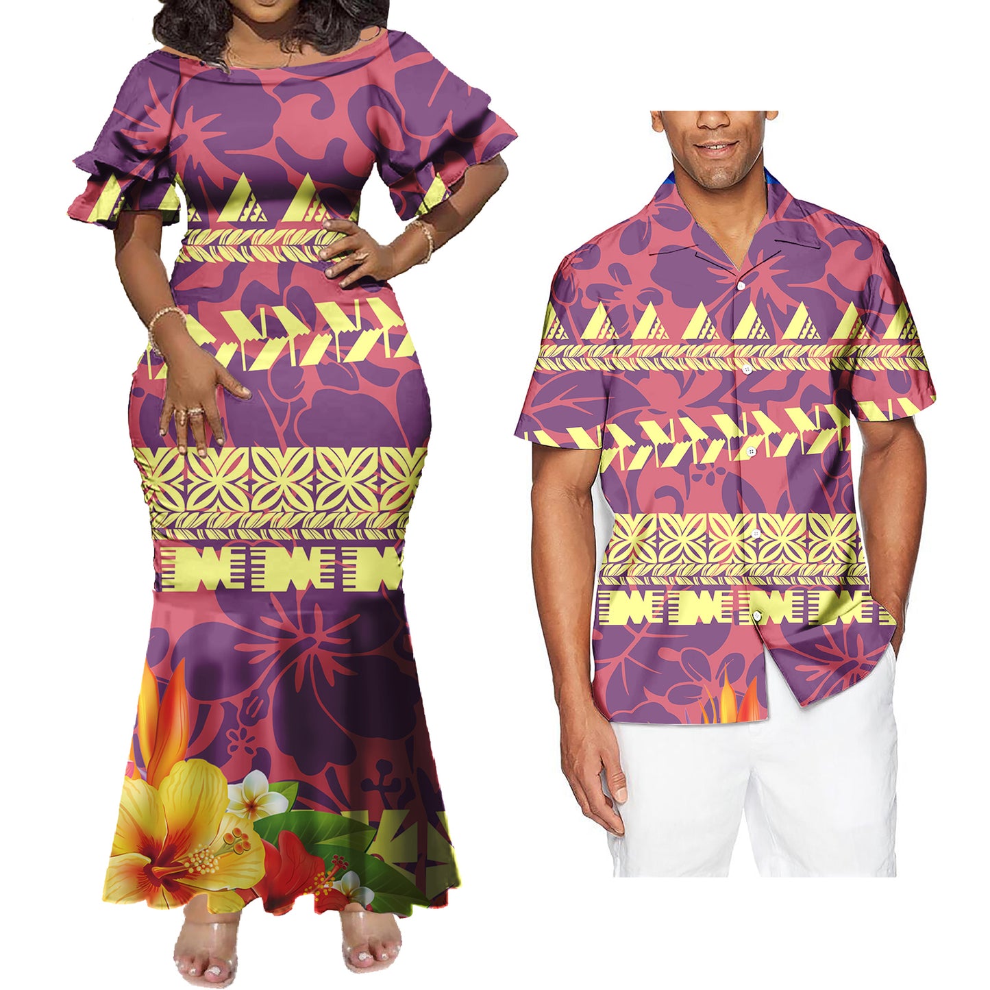Mermaid Bodycon Dresses and Hawaiian Shirt Polynesian Tribal Tropical Flowers Matching Outfit