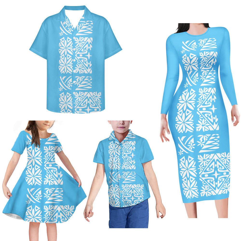 Blue Polynesian Tribal Pattern Matching Family Outfits Island Bodycon Long Sleeve Dress And Shirt Family Members