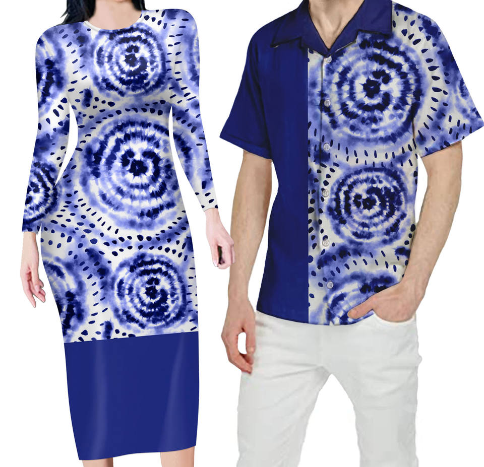 Blue Hawaiian Matching Clothes For Couples Half Style Bodycon Dress And Hawaii Shirt