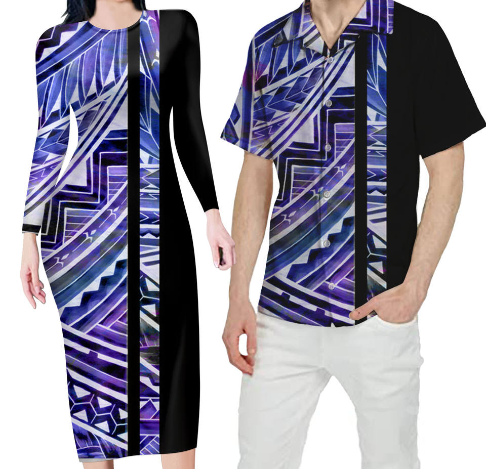 Hawaii Matching Outfit For Couples Polynesian Tribal Bodycon Dress And Hawaii Shirt