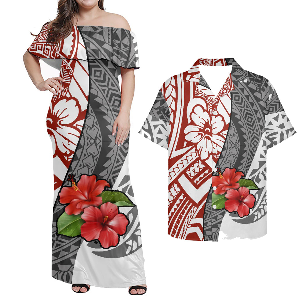Polynesian Tribal Hibiscus Flowers Pattern Matching Outfit Combo Off Shoulder Dress and Shirt