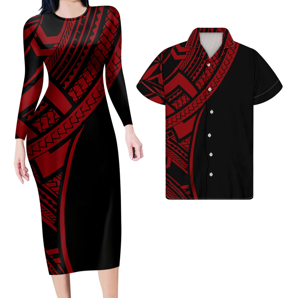Hawaii Matching Outfit For Couples Hawaiian Polynesian Tribal Half Bodycon Dress And Hawaii Shirt