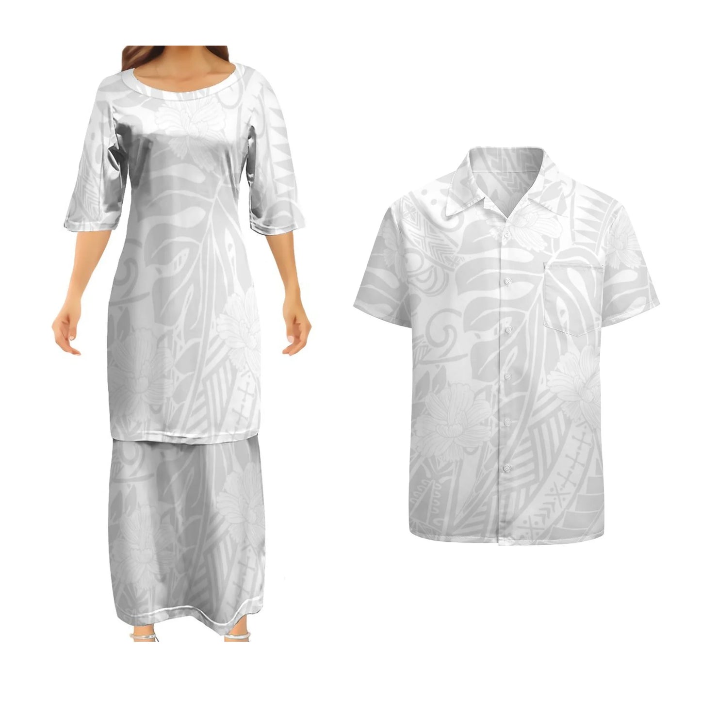 White Polynesian Pattern Matching Outfit For Couple Clothes Samoan Puletasi and Mens Shirts