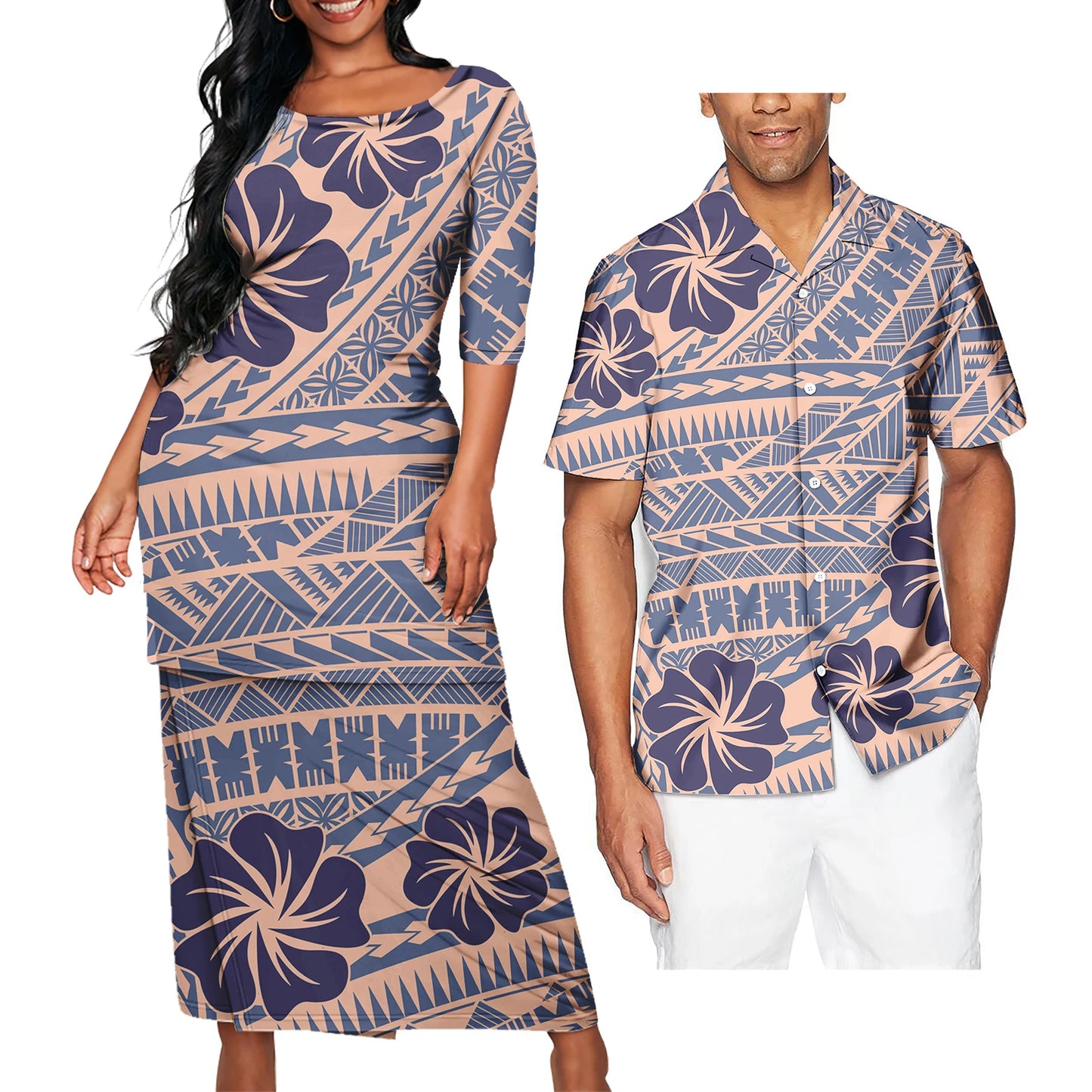 Polynesian Tribal Flowers Pattern Printed Clothing Set Samoan Print Polynesian Tribal Matching Couple Outfit For Him Her