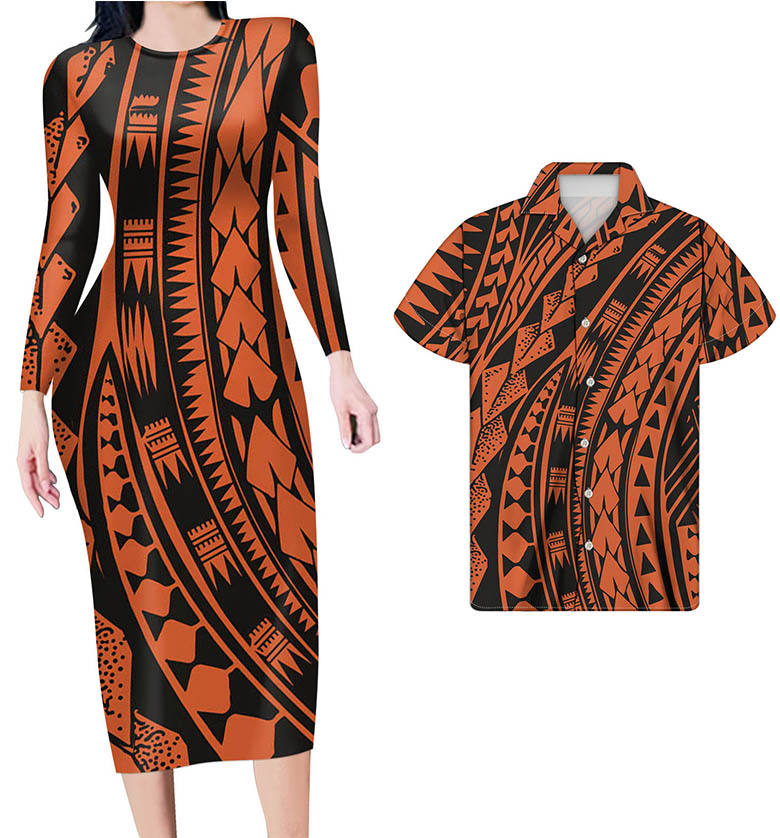 Matching Hawaiian Clothes For Couples Polynesian Tribal Orange Black Bodycon Dress And Hawaii Shirt