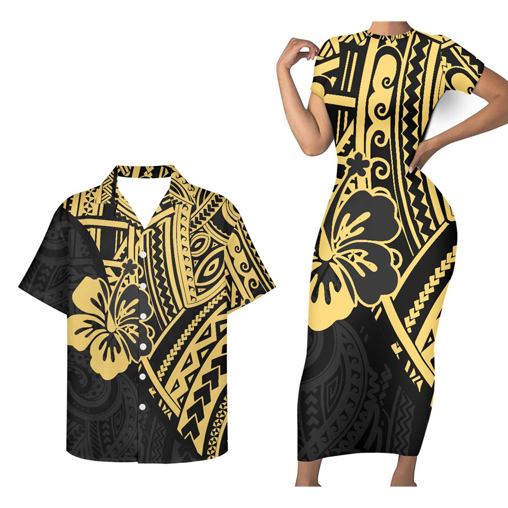 Polynesian Tribal Island Hibiscus Yellow Pattern Matching Outfit For Couple Polynesian Tight Short Sleeve Dress And Hawaiian Shirt Couple Set