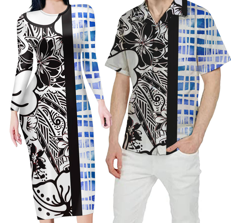 Hawaii White Matching Outfit For Couples Hawaiian Flower Half Bodycon Dress And Hawaii Shirt
