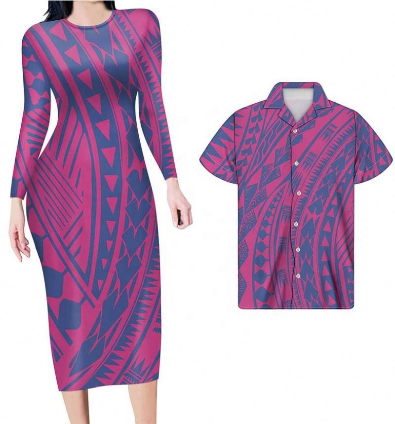 Hawaii Matching Clothes For Couples Polynesian Tribal Blue Pink Bodycon Dress And Summer Hawaii Shirt