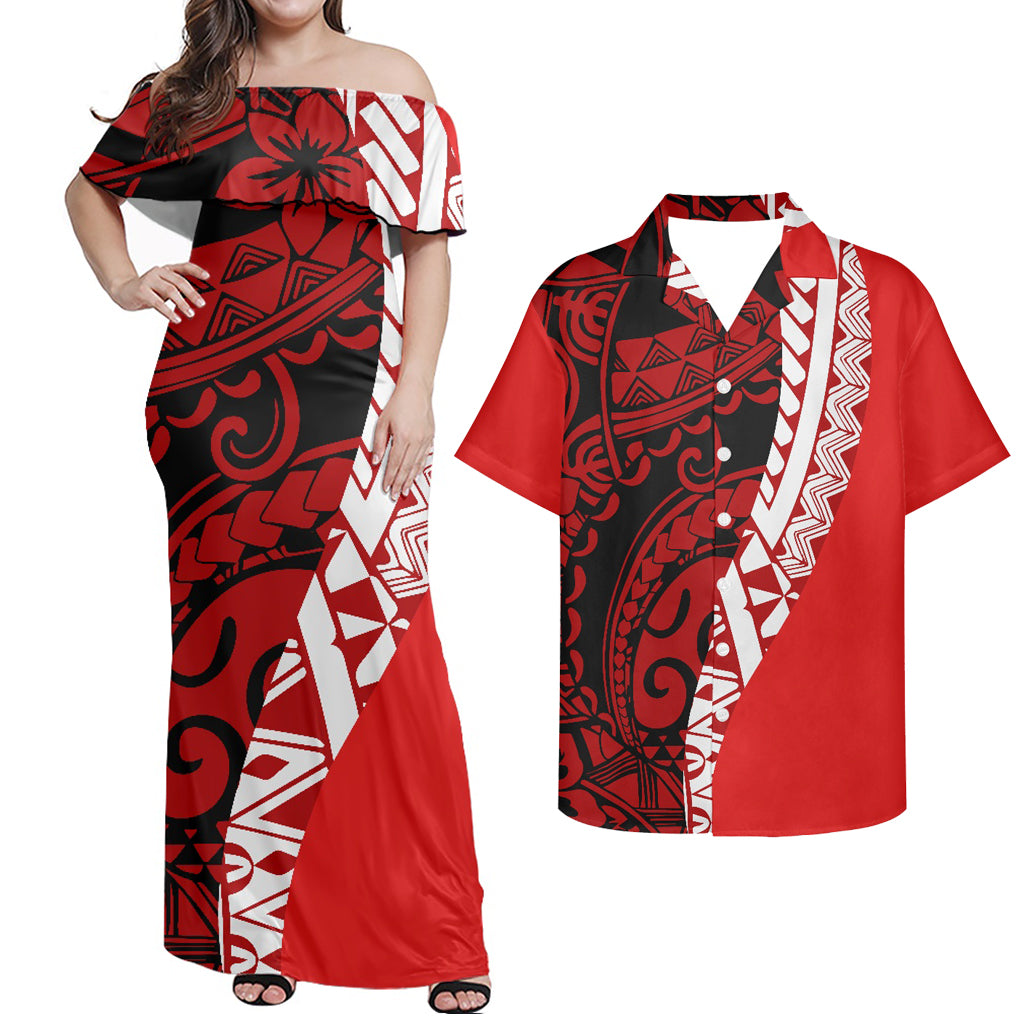 Polynesian Tribal Flowers Pattern Red Matching Outfit Combo Off Shoulder Dress and Shirt