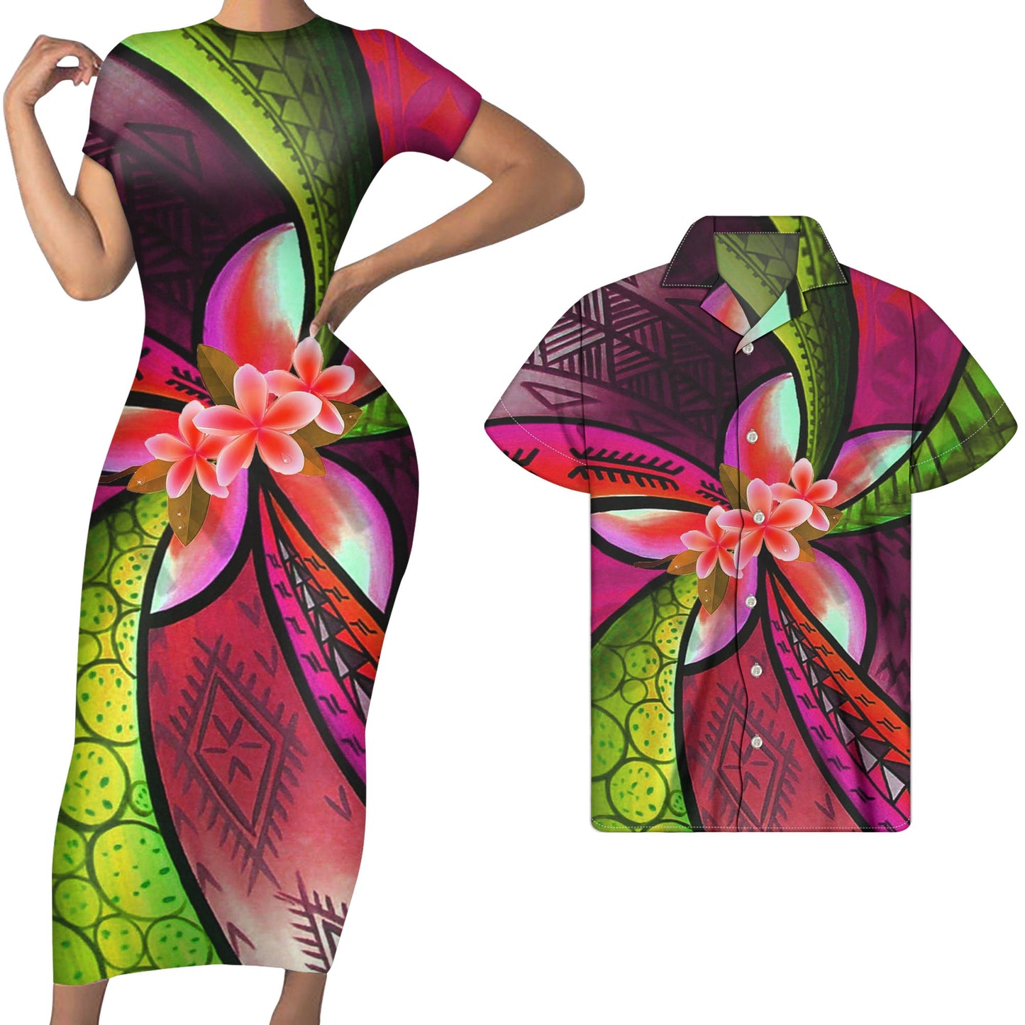 Colorful Polynesian Tribal Plumeria Flower Print Short Sleeve Bodycon Dress Women Match Men Shirts Custom Red Couple Clothing Set