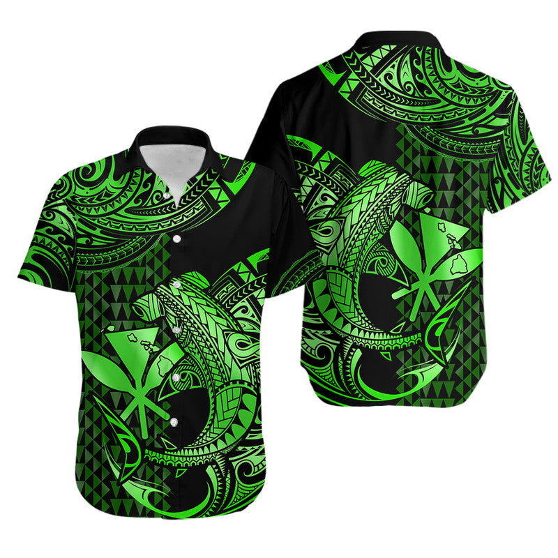 Matching Outfits For Couples Hawaii Hammerhead Shark Combo Dress And Hawaiian Shirt Polynesian Kakau With Kanaka Green