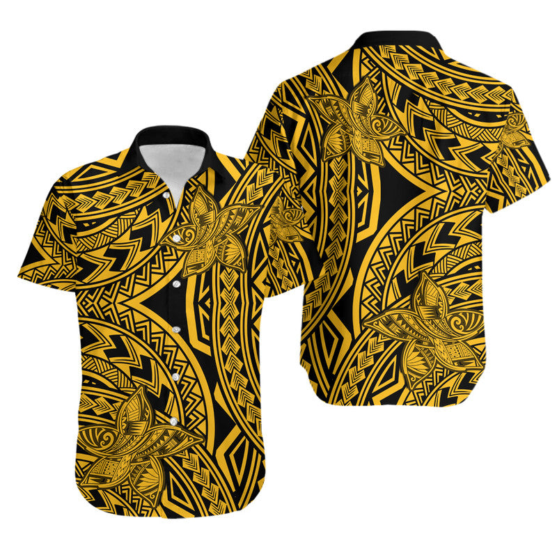 Matching Outfits For Couples Polynesia Combo Dress and Hawaiian Shirt Tattoo Plumeria Gold