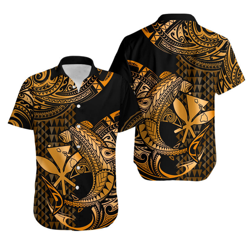 Matching Outfits For Couples Hawaii Hammerhead Shark Combo Dress And Hawaiian Shirt Polynesian Kakau With Kanaka Gold