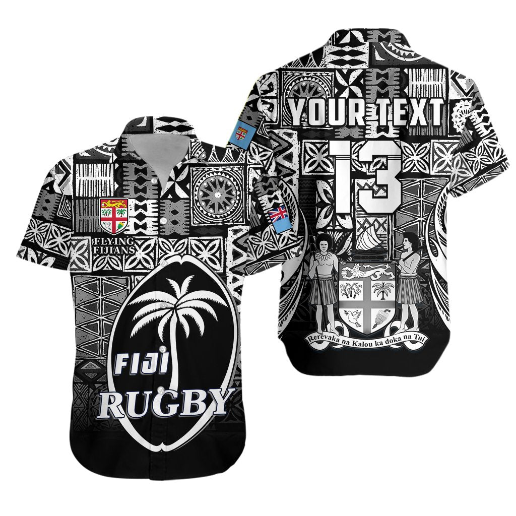 Custom Text and Number Fiji Rugby Hawaiian Shirt Flying Fijians Black Tapa Pattern