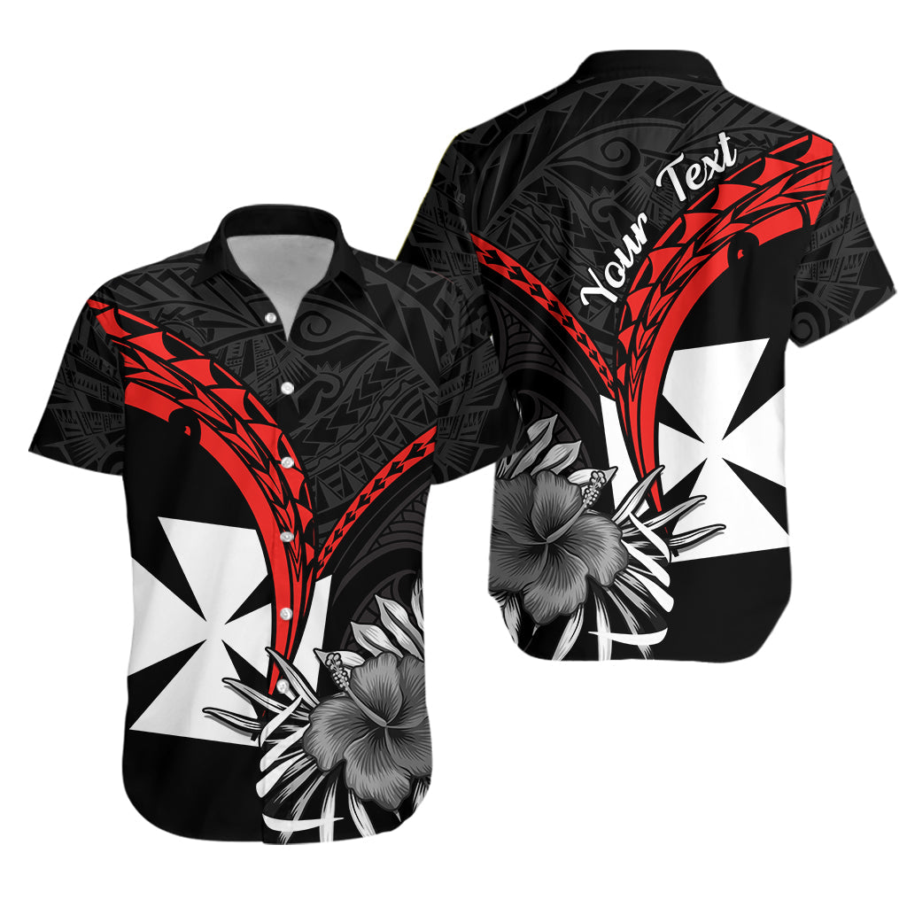 Custom Personalised Wallis et Futuna Hawaiian Shirt Polynesian Pattern and Hibiscus Flowers Version Black