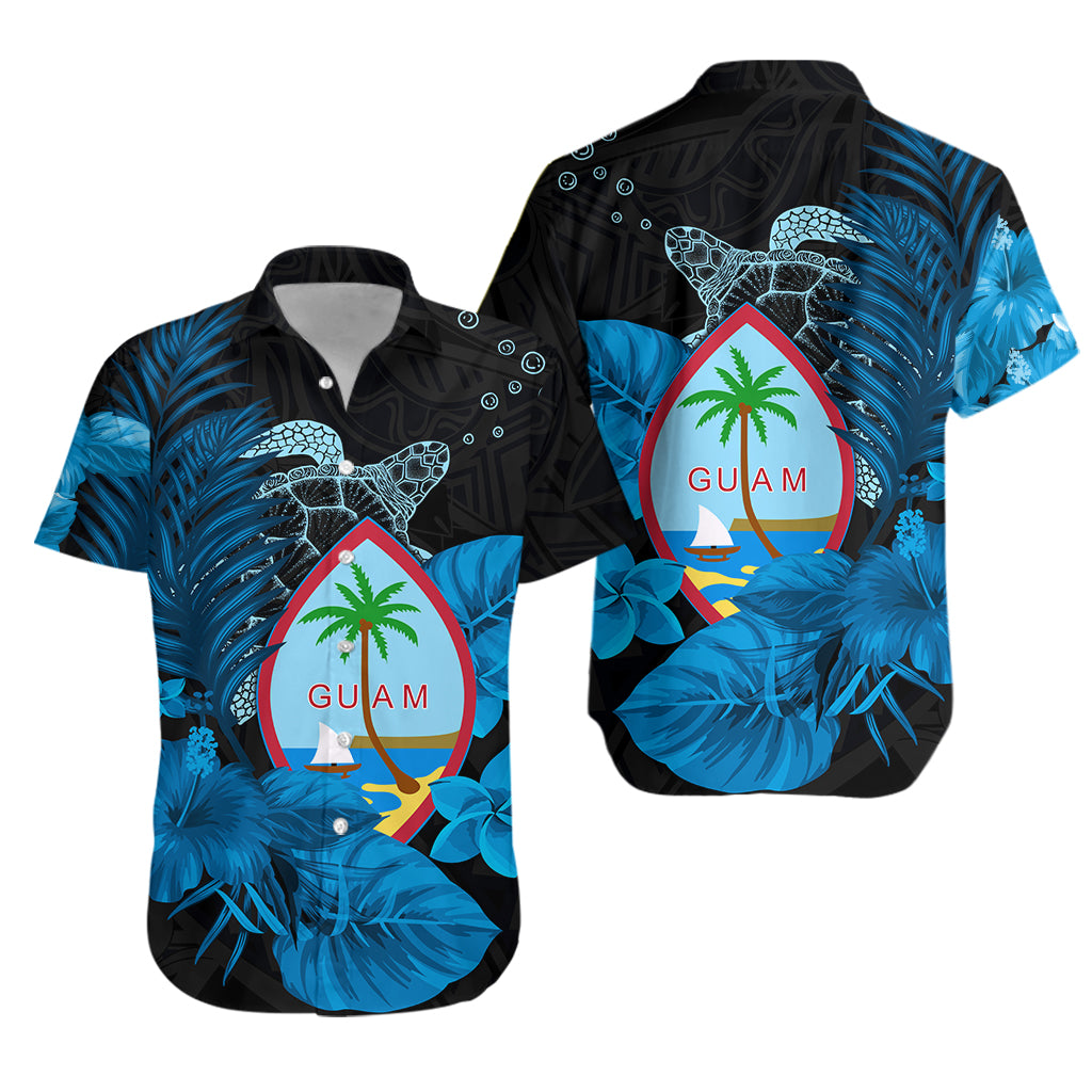 Guam Seal Hawaiian Shirt Polynesian Turtle with Flowers Version Blue