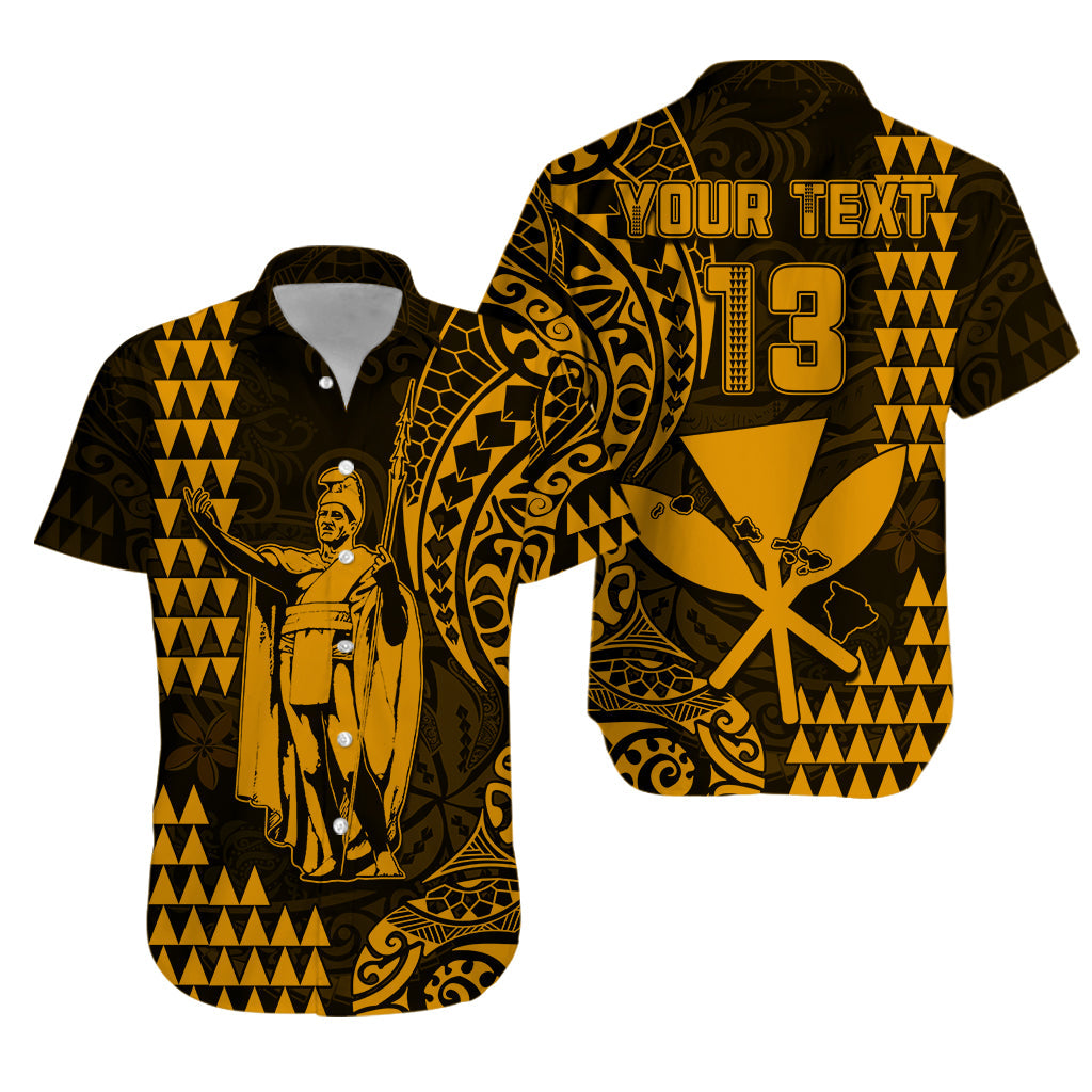 Custom Text and Number Hawaii Day Kakau Hawaiian Shirt Proud To Be Hawaiian Gold King Kamehameha and Kanaka Maoli