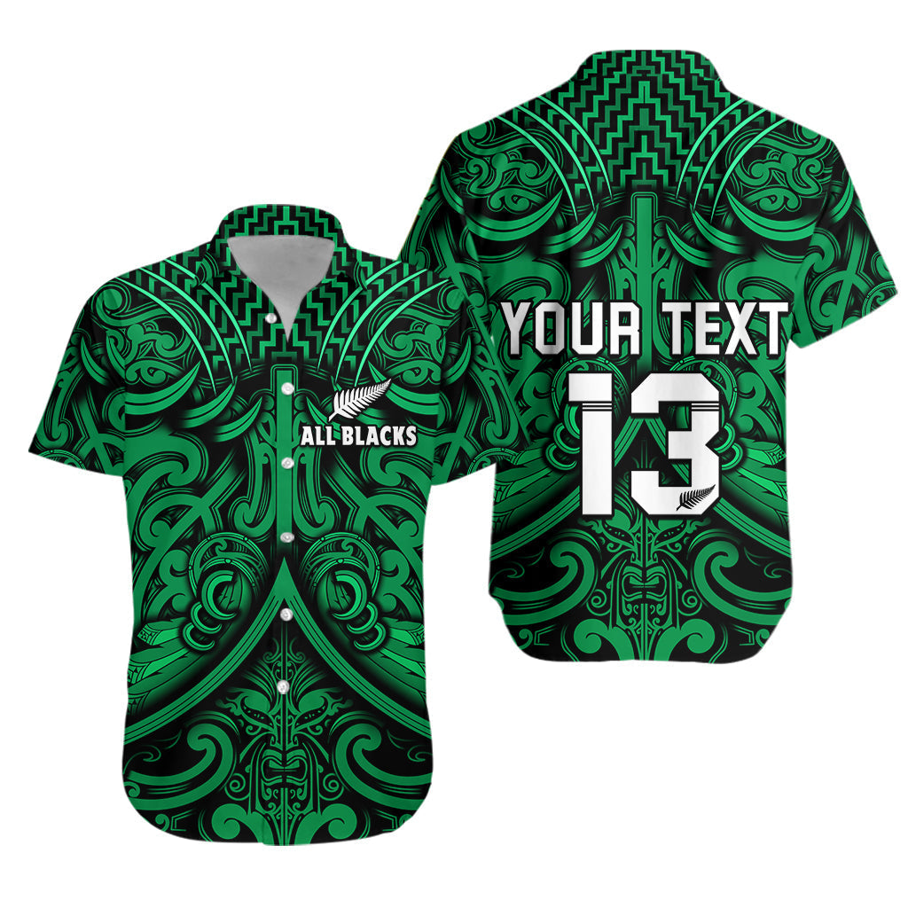 Custom Text and Number New Zealand Silver Fern Rugby Hawaiian Shirt All Black Green NZ Maori Pattern