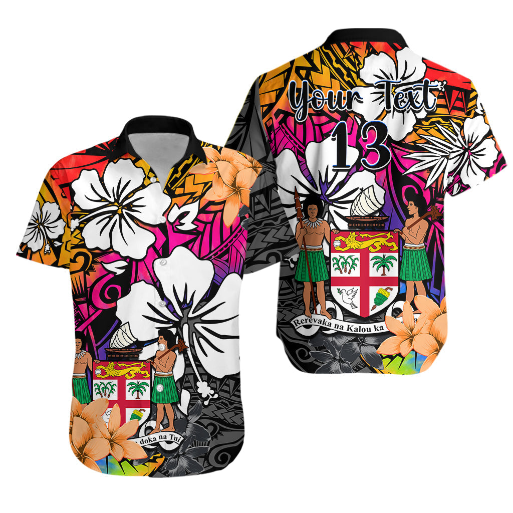 Custom Text and Number Fiji Tie Dye Hawaiian Shirt Polynesian Tribal Creative Tropical Flowers