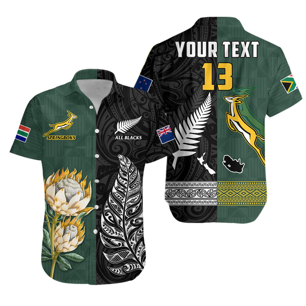 Custom Text and Number South Africa Protea and New Zealand Fern Hawaiian Shirt Rugby Go Springboks vs All Black