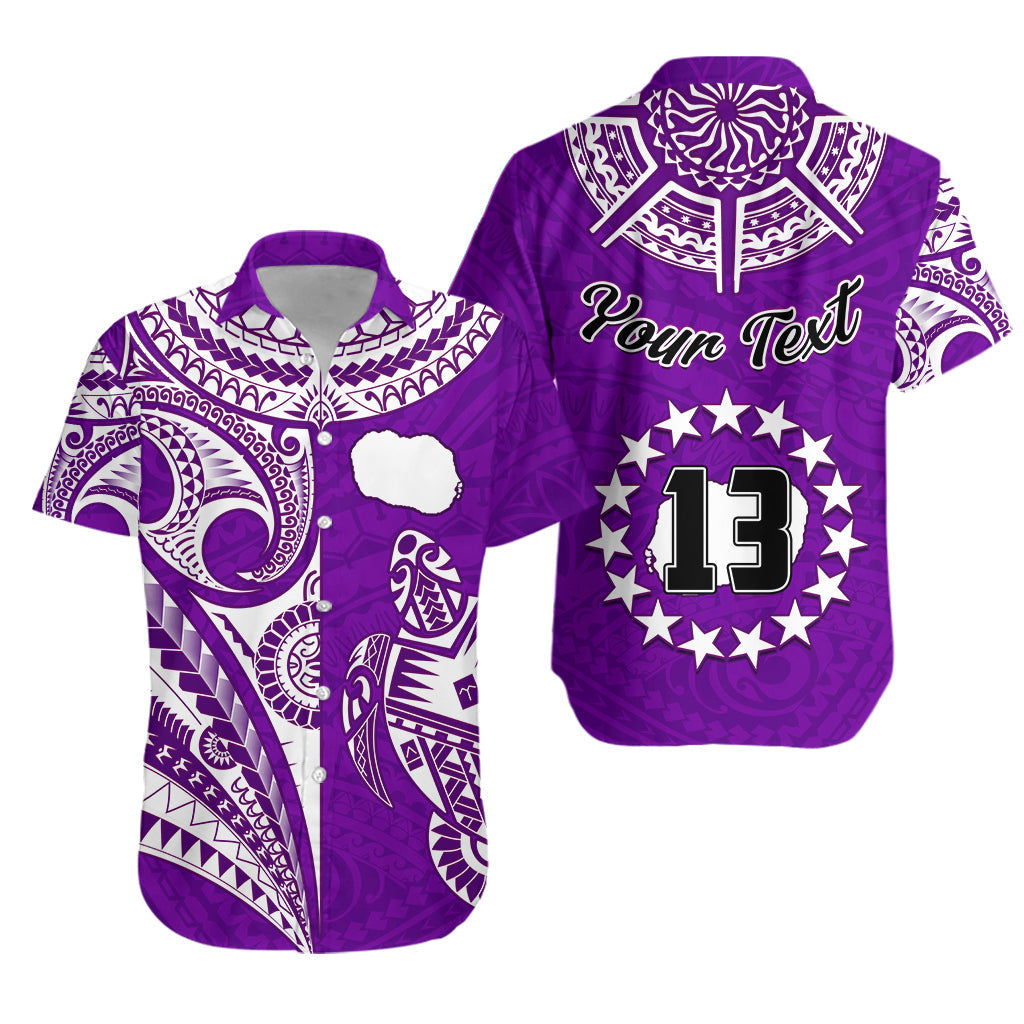 Custom Text and Number Rarotonga Cook Islands Hawaiian Shirt Turtle and Map Style Purple