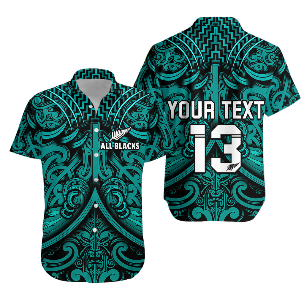 Custom Text and Number New Zealand Silver Fern Rugby Hawaiian Shirt All Black Turquoise NZ Maori Pattern