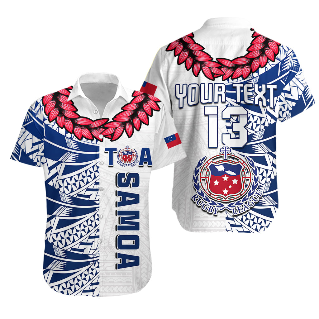 Custom Text and Number Toa Samoa Rugby Hawaiian Shirt Siamupini Ula Fala White