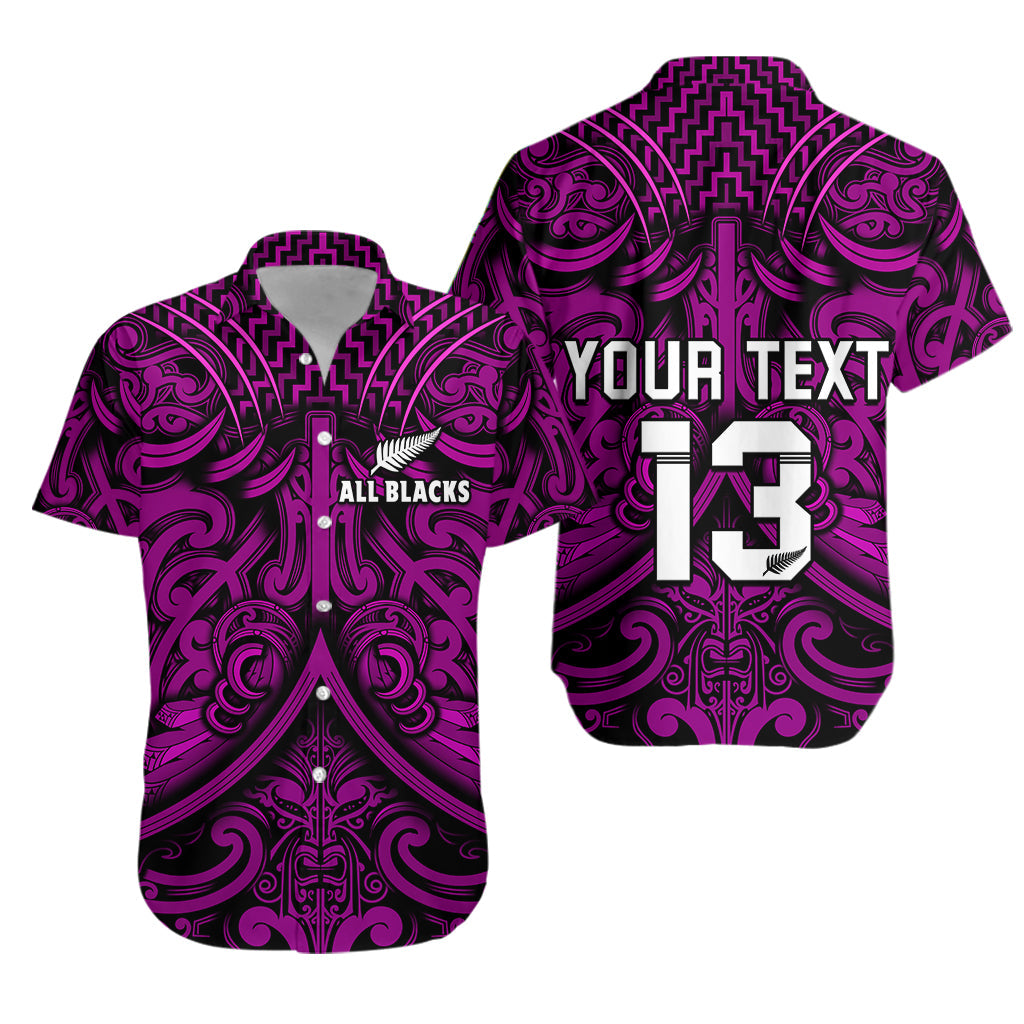 Custom Text and Number New Zealand Silver Fern Rugby Hawaiian Shirt All Black Purple NZ Maori Pattern