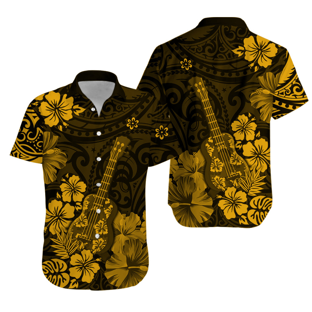 Hawaii Hawaiian Shirt Polynesia Gold Ukulele Flowers