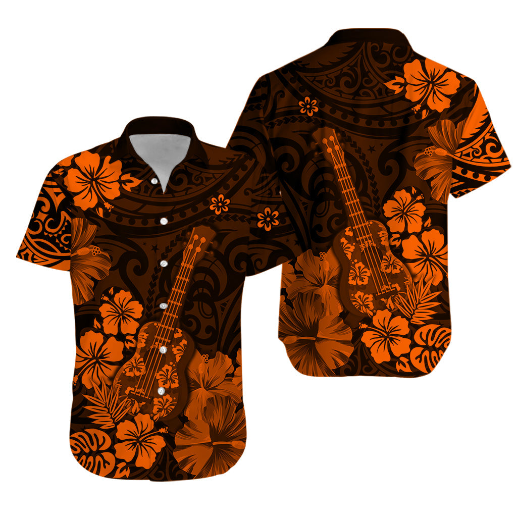 Hawaii Hawaiian Shirt Polynesia Orange Ukulele Flowers