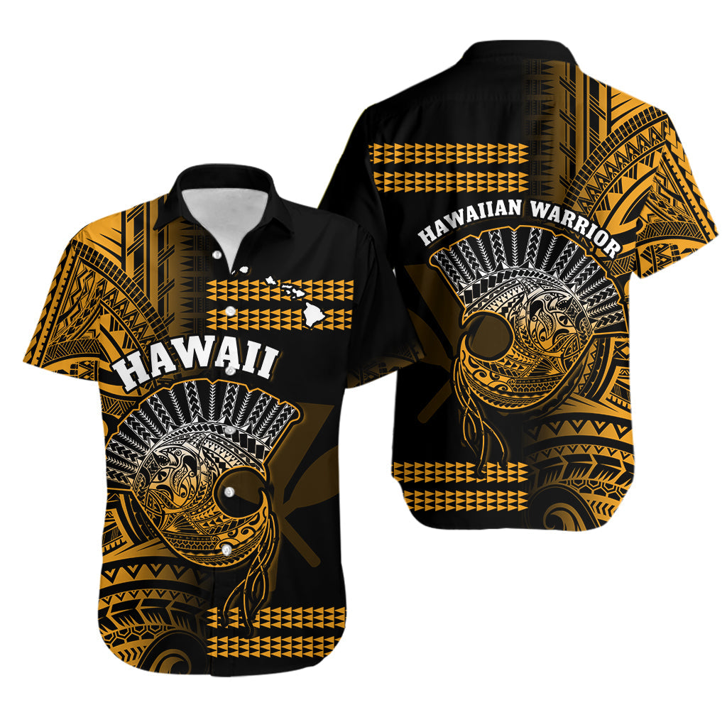 Hawaii Hawaiian Shirt Kakau Warrior Helmet Gradient Gold Polynesian
