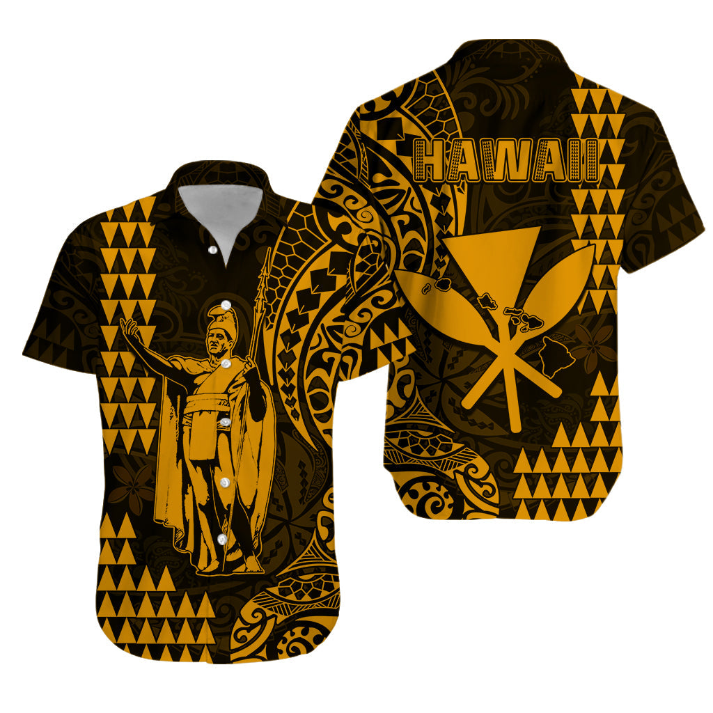 Hawaii Day Kakau Hawaiian Shirt Proud To Be Hawaiian Gold King Kamehameha and Kanaka Maoli