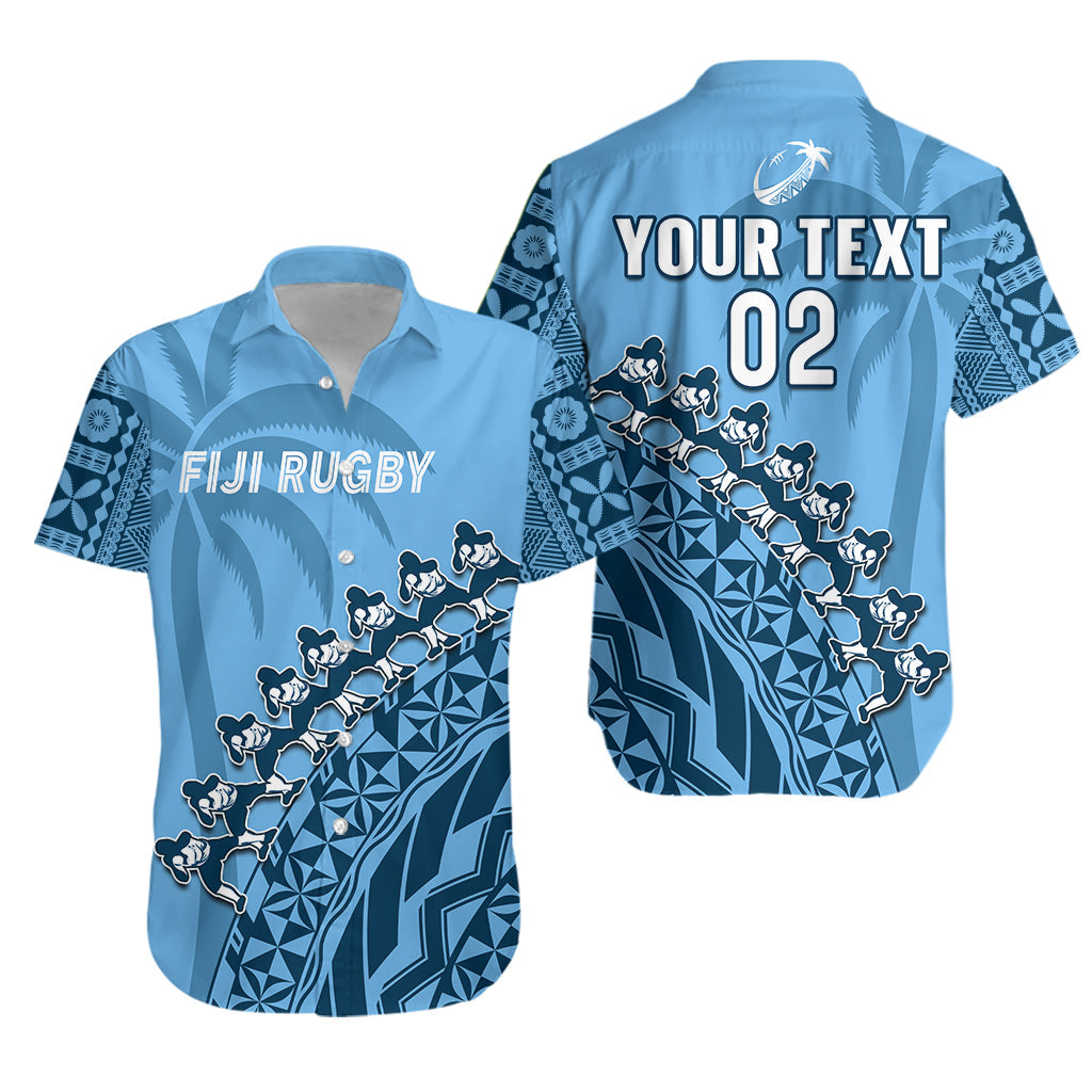 Custom Text And Number Fiji Tapa Rugby Hawaiian Shirt Fijian Cibi Dance Tapa Pattern Blue