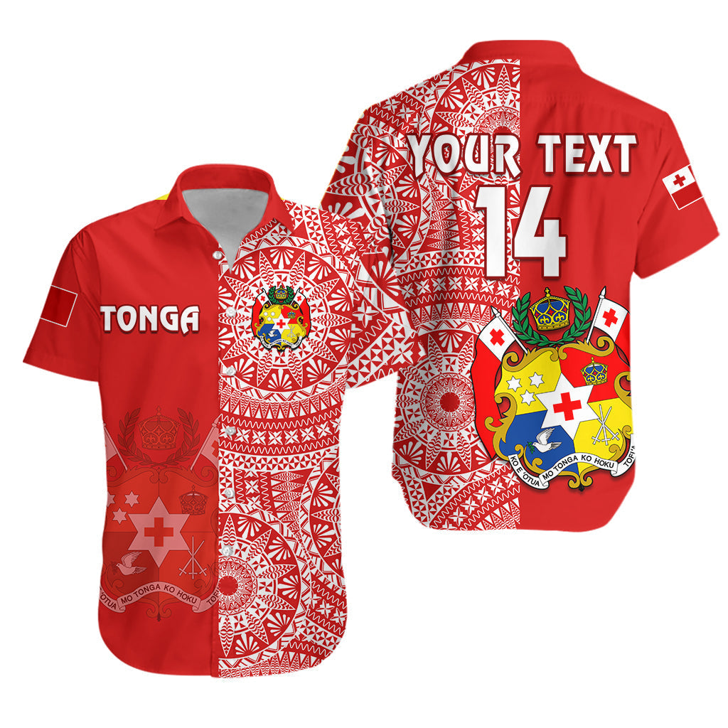 Custom Text And Number Tonga Hawaiian Shirt Tongan Coat Of Arms Ngatu Pattern