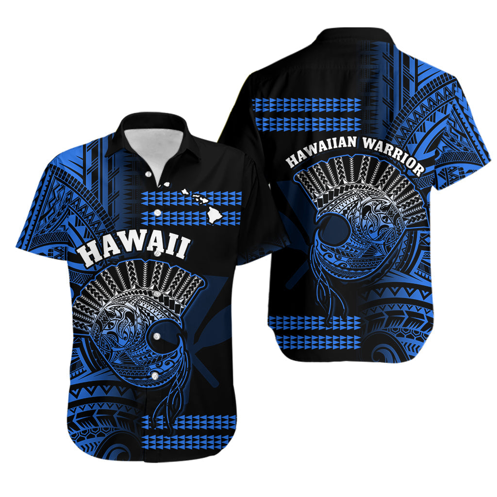 Hawaii Hawaiian Shirt Kakau Warrior Helmet Gradient Blue Polynesian