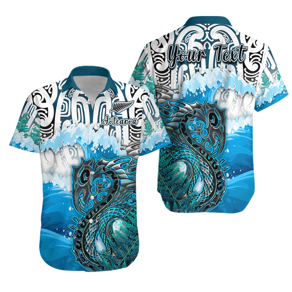 Custom Personalised Manaia Maori Hawaiian Shirt Fern Aotearoa Blue Waves