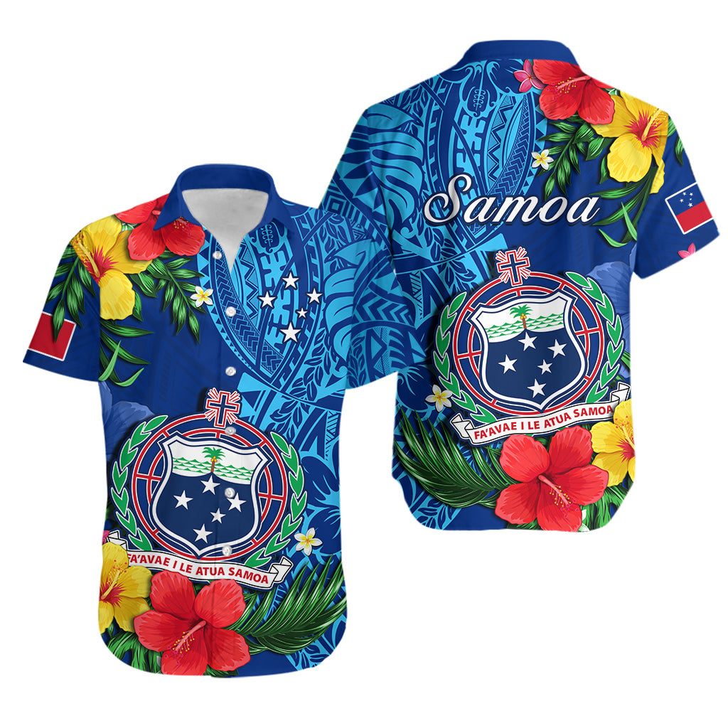 Samoa Hawaiian Shirt Coat Of Arms Mix Tropical Flowers
