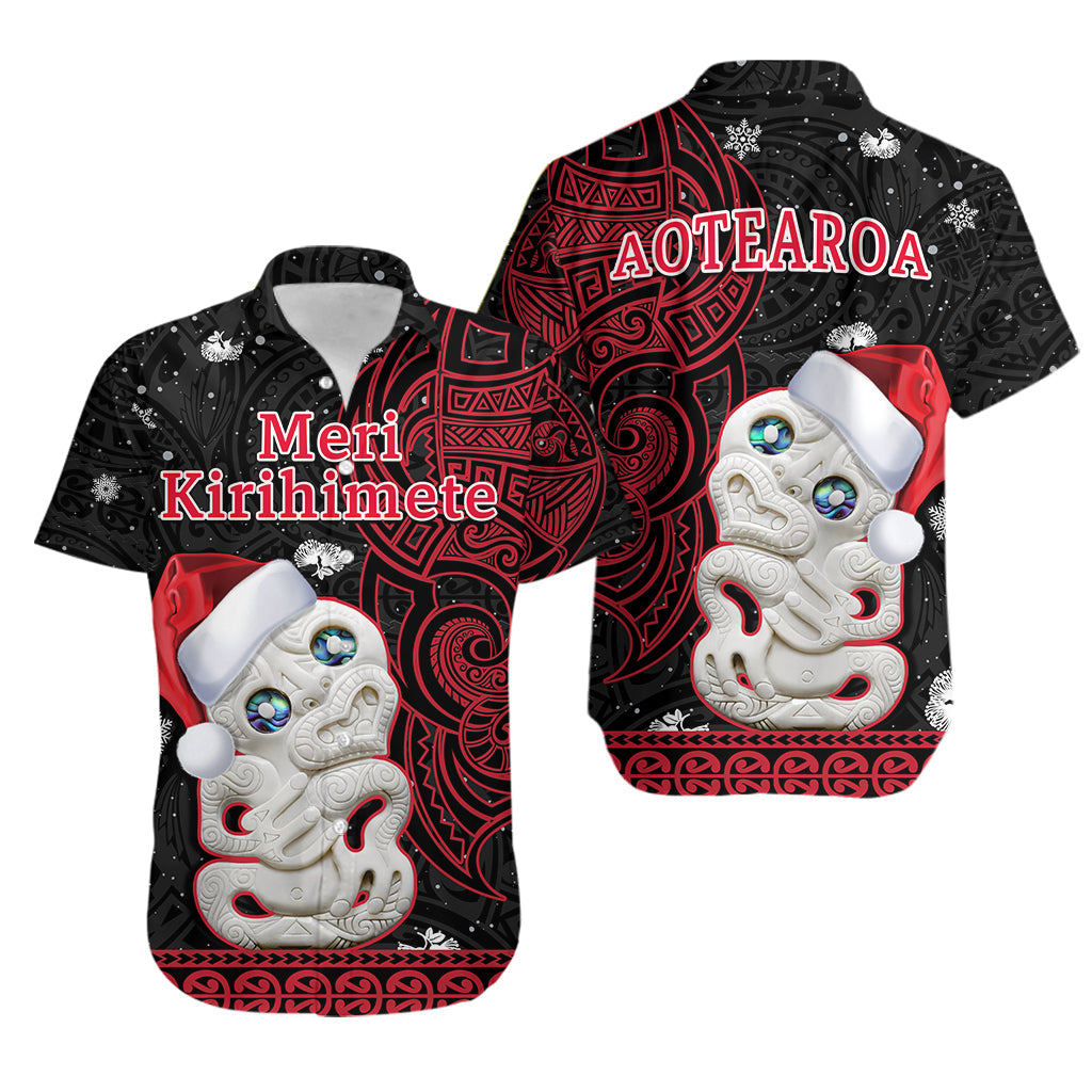 New Zealand Christmas Hawaiian Shirt Hei Tiki Red Pohutukawa Meri Kirihimete