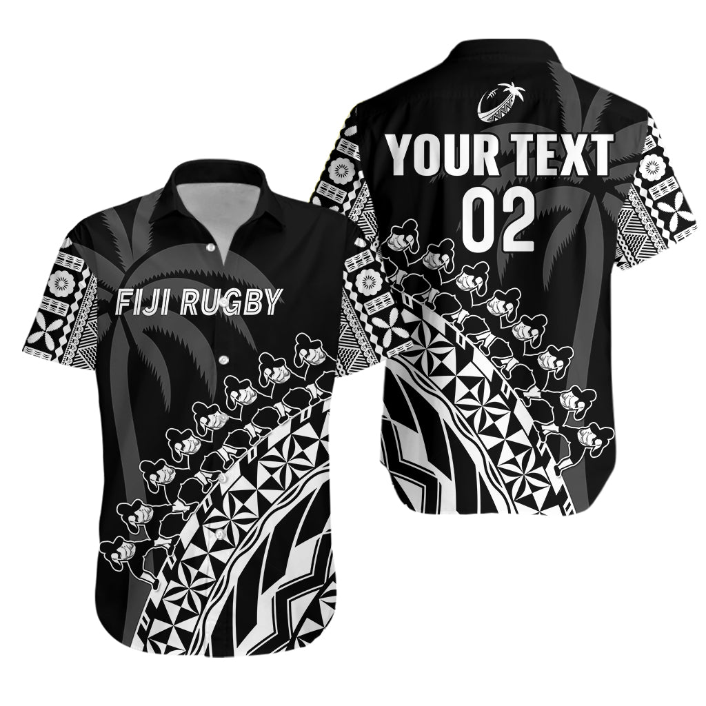 Custom Text And Number Fiji Rugby Hawaiian Shirt Fijian Cibi Dance Tapa Pattern Black