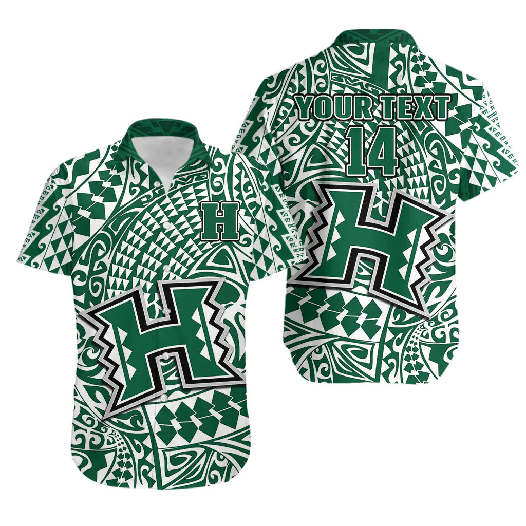Custom Text And Number Hawaii Football Hawaiian Shirt Rainbow Warriors Tribal Kakau
