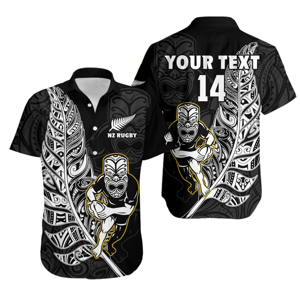 Custom Text And Number New Zealand Silver Fern Rugby Hawaiian Shirt All Black Maori Version Black