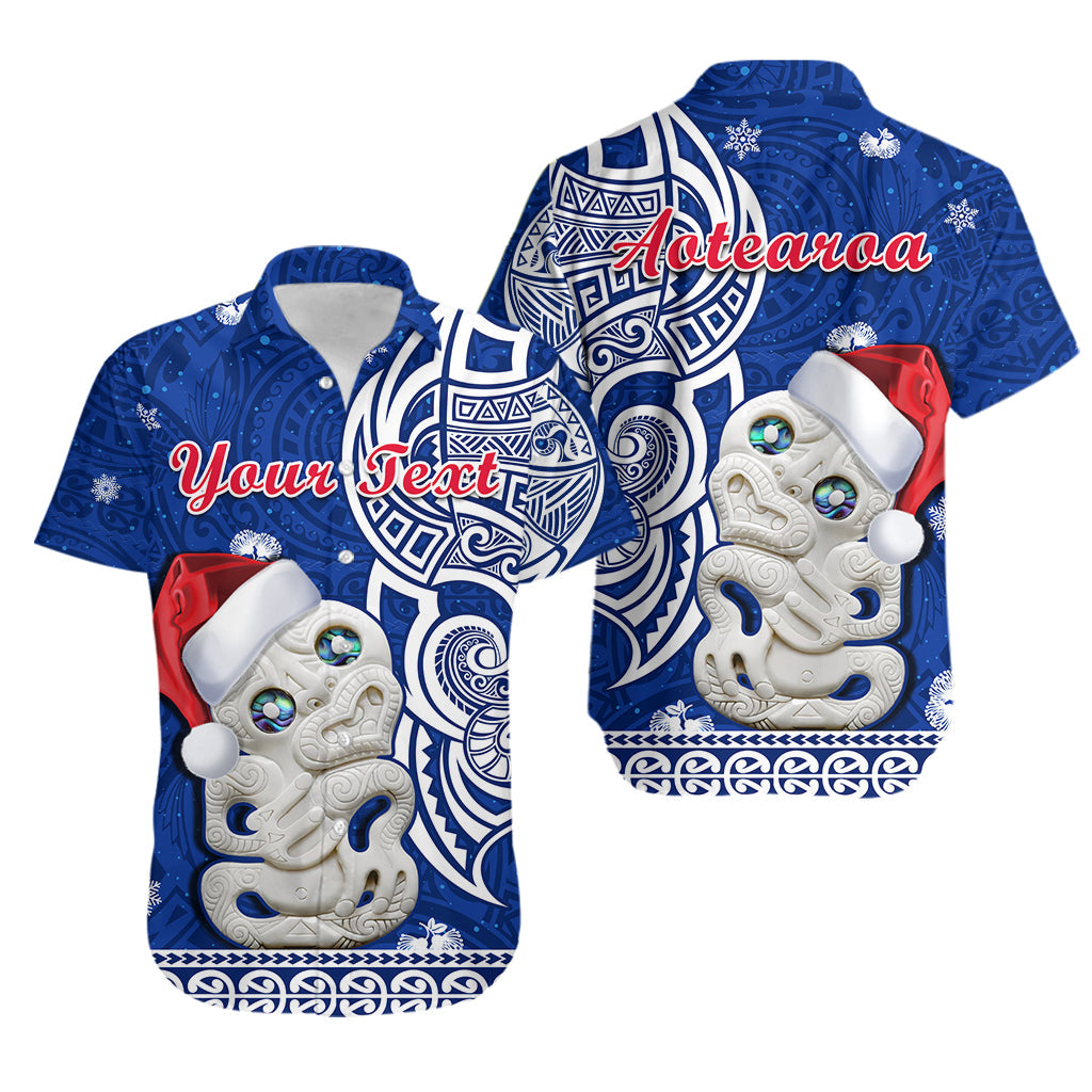 Custom Personalised New Zealand Christmas Hawaiian Shirt Hei Tiki Blue Pohutukawa Meri Kirihimete