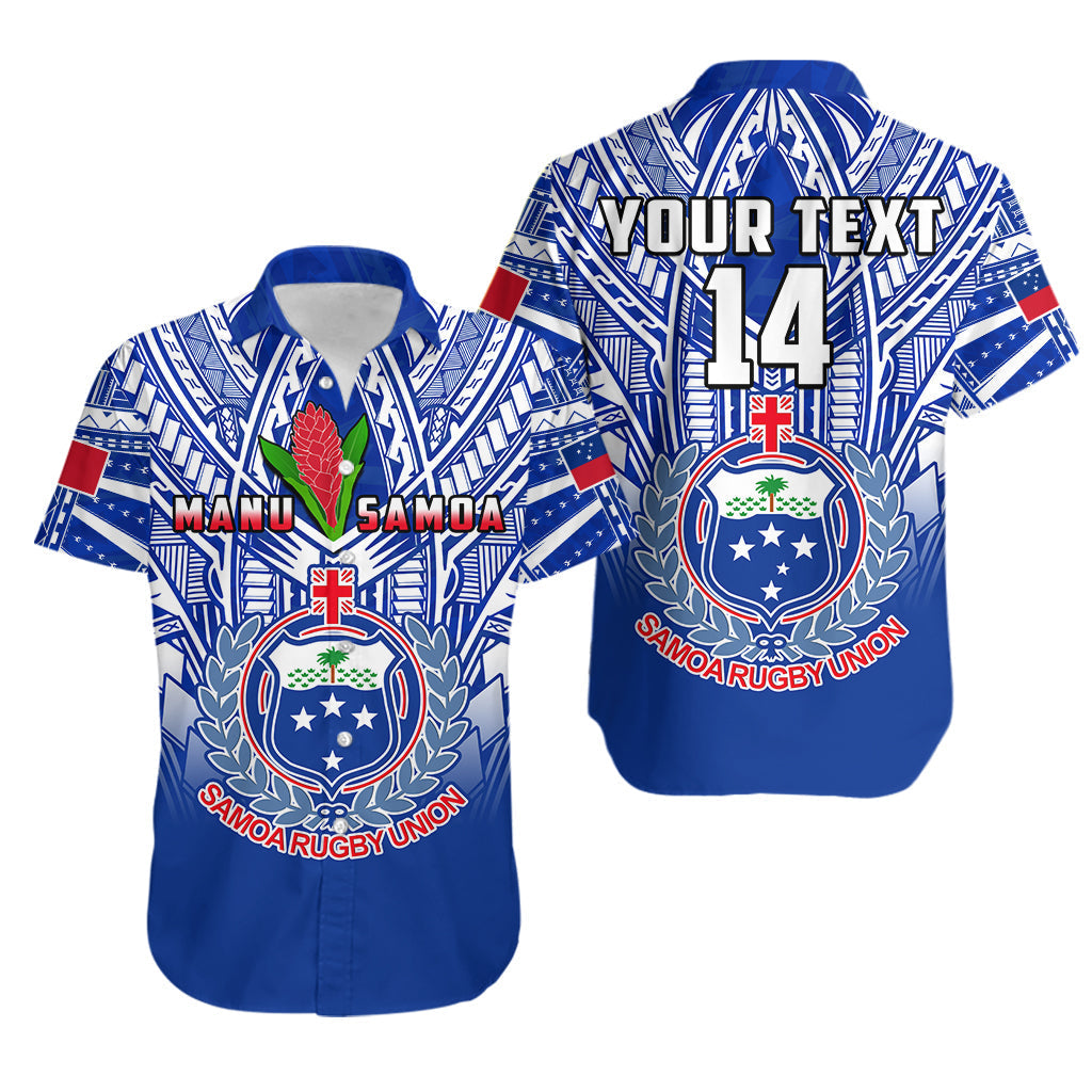 Custom Text And Number Samoa Rugby Hawaiian Shirt Manu Samoa 7s Ginger Blue Polynesian