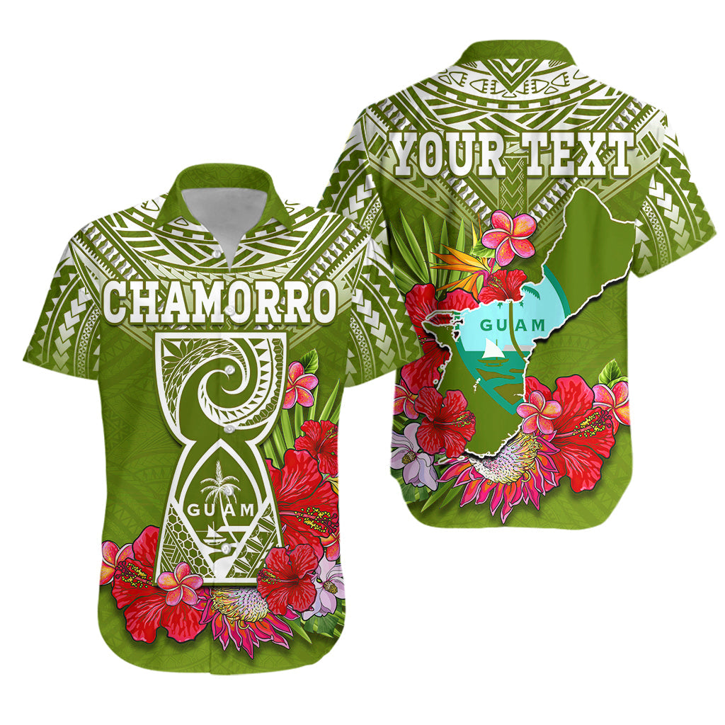 Custom Personalised Guam Chamorro Hawaiian Shirt Guaman Latte Stone Tropical Flowers Green Version