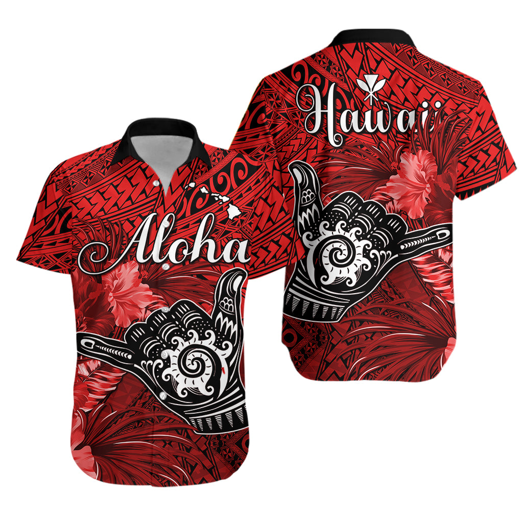 The Shaka Hawaii Hawaiian Shirt Tropical Flowers Red Version