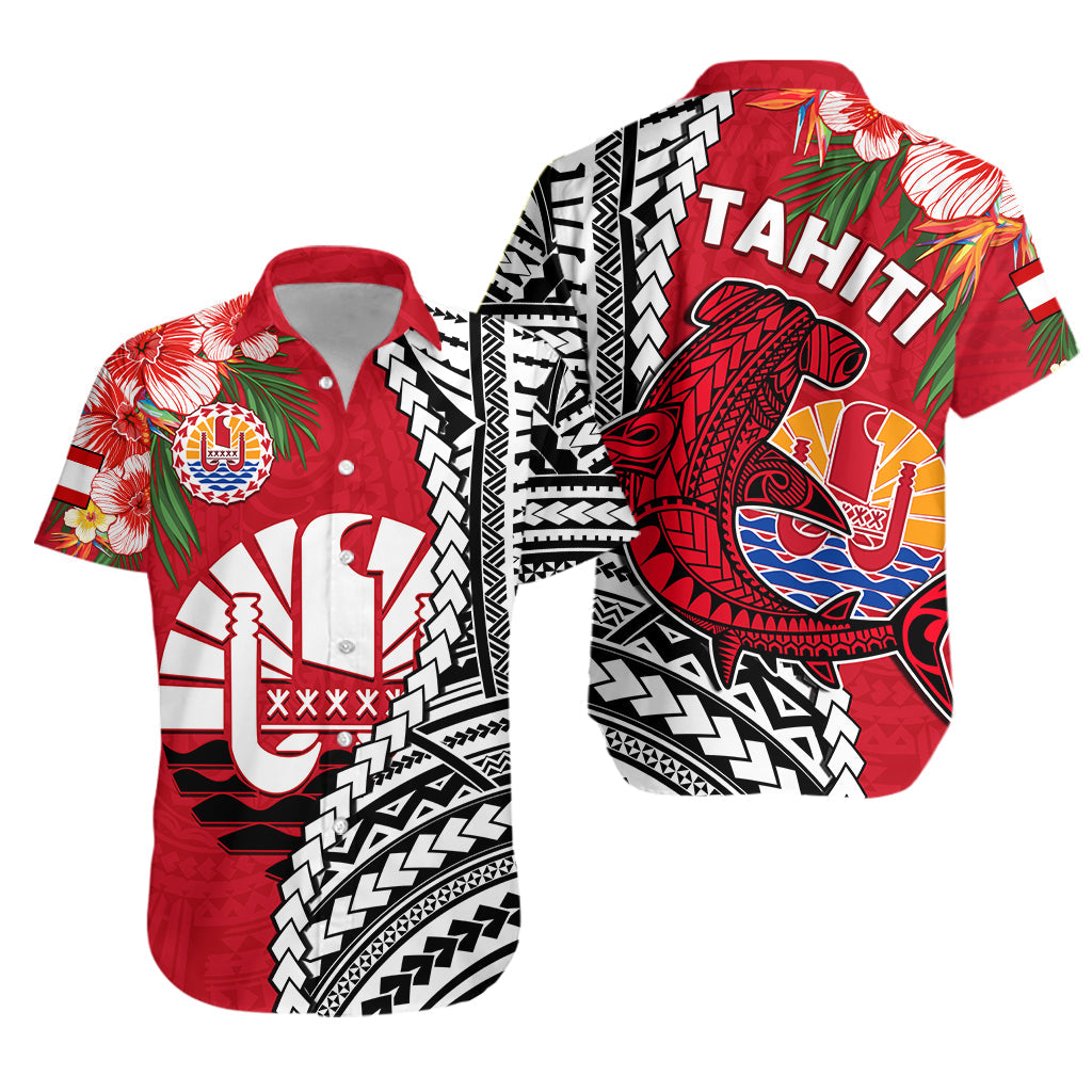 Tahiti Islands Hawaiian Shirt Polynesian Shark Mix Tropical Flowers